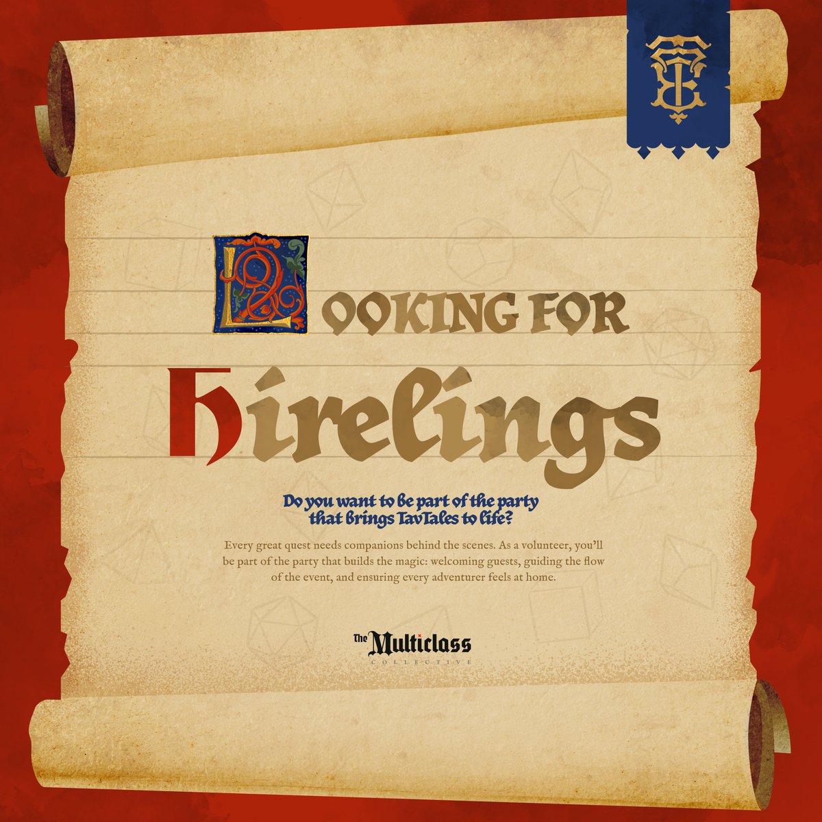 𝐋𝐎𝐎𝐊𝐈𝐍𝐆 𝐅𝐎𝐑 𝐇𝐈𝐑𝐄𝐋𝐈𝐍𝐆𝐒! 💁✨

Volunteers may apply for different categories, enlist now and lend your hand: 

forms.gle/Py5wmHw8T38K3r…

#BG3 #TavTales2026 #TheMulticlassCollective