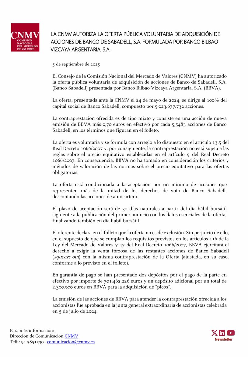 La CNMV aprueba la OPA BBVA/Sabadell ➡️ Llega la hora de la verdad ✔️Tienen la palabra los accionistas de <a href="/BancoSabadell/">Banco Sabadell</a>