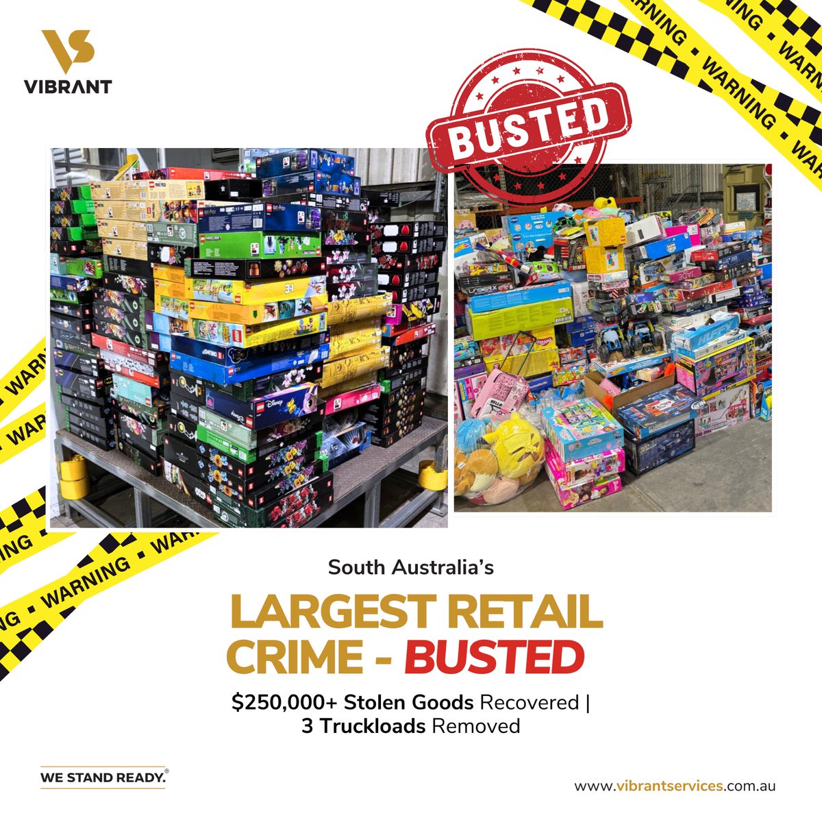 Breaking records in retail protection! 🚨

Our Vibrant Services Retail Protection Team, working closely with South Australian Police, has dismantled a major organised retail crime group — uncovering an “Aladdin’s cave” of stolen Lego and assorted goods valued at over $250,000.👏
