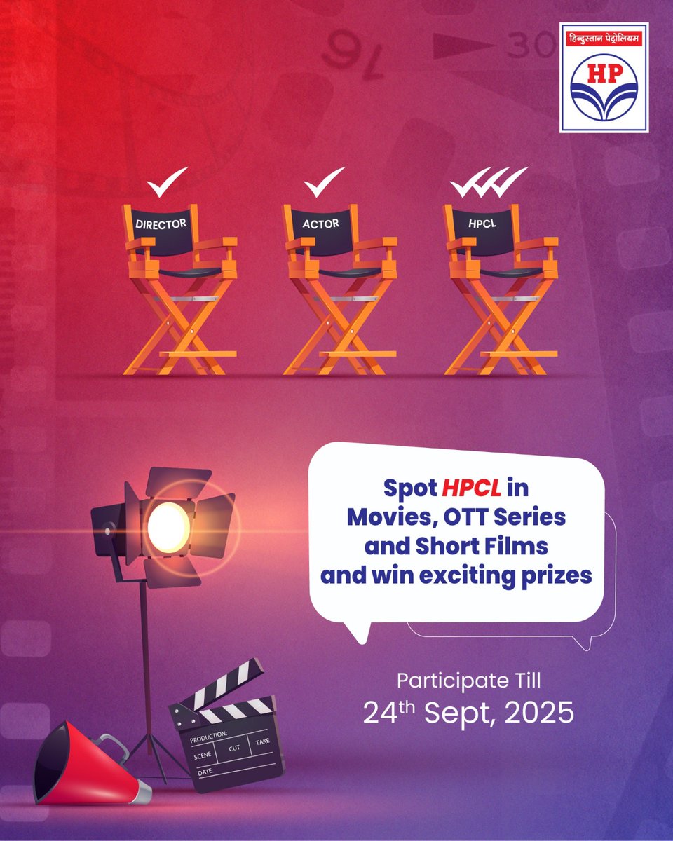 HPCL's tweet photo. We're also making a mark on the big and small screens!
It’s your turn to be a star.
Spot HPCL in a movie, short film, or OTT series and get a chance to win something exciting.
How to enter #HPCLOnScreen contest:
- Find HPCL on screen.
- DM us the clip on X, use #HPCLOnScreen
- You'll be entered into our lucky draw for exciting rewards!
We're running this campaign with new posts every day until September 24th, 2025. Don't miss out!