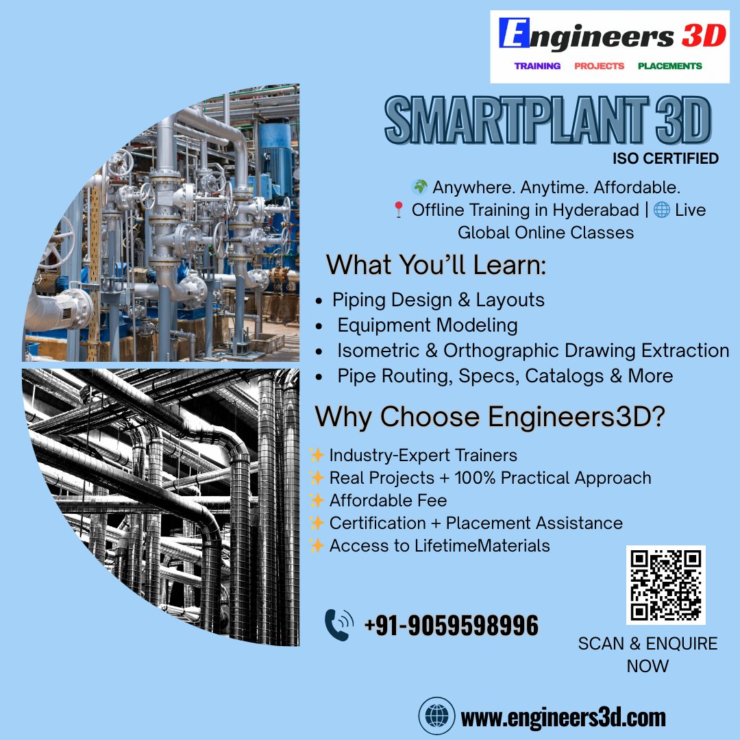 Engineers3d's tweet image. For enquiry click the link - forms.gle/gzrJoYDENqQTeS…
Unlock your piping engineering career with SmartPlant 3D (SP3D) training! 📷 Learn online globally or offline in Hyderabad with Engineers3D.
#Engineers3D #SP3D #PipingEngineering #SmartPlant3D #EngineeringDesign #CareerGrowth