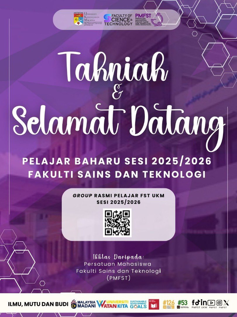 pmfst's tweet photo. Tahniah &amp; syabas diucapkan kepada bakal pelajar Fakulti Sains &amp; Teknologi, FST UKM yang telah berjaya mendapatkan tawaran kemasukan melalui UPU! 💜

Untuk mendapatkan maklumat lebih lanjut, sertai group rasmi pelajar baharu FST UKM di WhatsApp &amp; Telegram:
https://t.co/0gyrqglUsk https://t.co/SRoxKhjQgC