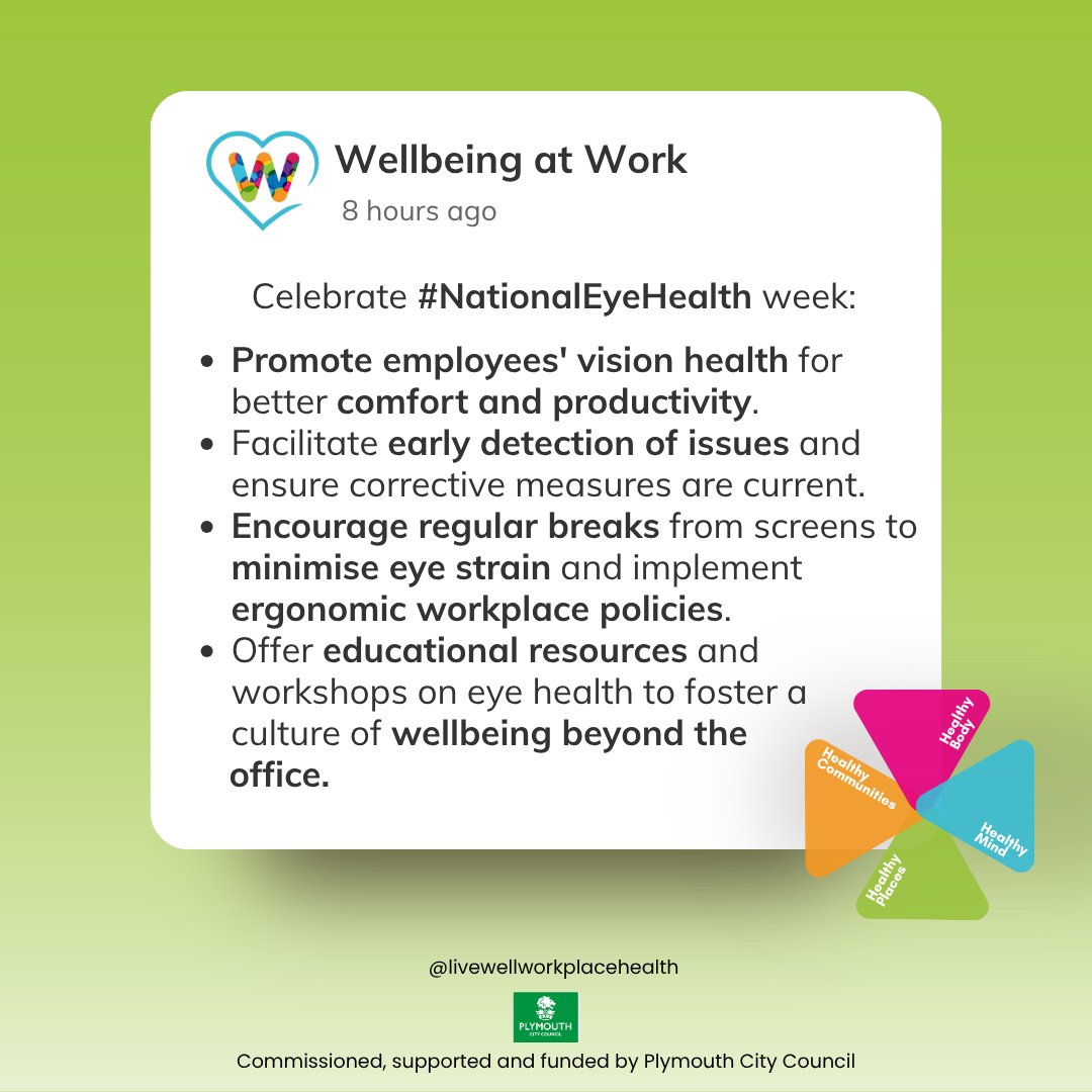 Livewell Workplace Health (Wellbeing at Work) (@wellbeing_work) on Twitter photo 👁️ next Tuesday is #NationalEyeHealthWeek!
Prioritise your vision with regular screenings—healthy eyes boost comfort, focus & productivity.
Don’t skip your check-up.
👓 See the difference.
<a href="/livewellsw/">Livewell Southwest</a> <a href="/PHPlymouth/">Public Health Plymouth</a> <a href="/oneyouplymouth/">One You Plymouth</a> 👁️ next Tuesday is #NationalEyeHealthWeek!
Prioritise your vision with regular screenings—healthy eyes boost comfort, focus & productivity.
Don’t skip your check-up.
👓 See the difference.
<a href="/livewellsw/">Livewell Southwest</a> <a href="/PHPlymouth/">Public Health Plymouth</a> <a href="/oneyouplymouth/">One You Plymouth</a>