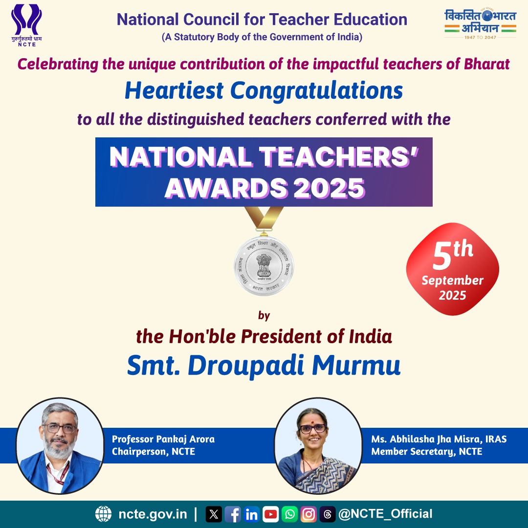 National Council for Teacher Education (@ncte_official) on Twitter photo #NCTE extends the heartiest congratulations to all distinguished teachers who have been conferred with #NationalTeachersAward2025 by the Hon’ble President of India, Smt. Droupadi Murmu ji (<a href="/rashtrapatibhvn/">President of India</a>).
Your dedication to #qualityeducation in nation is truly commendable. #NCTE extends the heartiest congratulations to all distinguished teachers who have been conferred with #NationalTeachersAward2025 by the Hon’ble President of India, Smt. Droupadi Murmu ji (<a href="/rashtrapatibhvn/">President of India</a>).
Your dedication to #qualityeducation in nation is truly commendable.