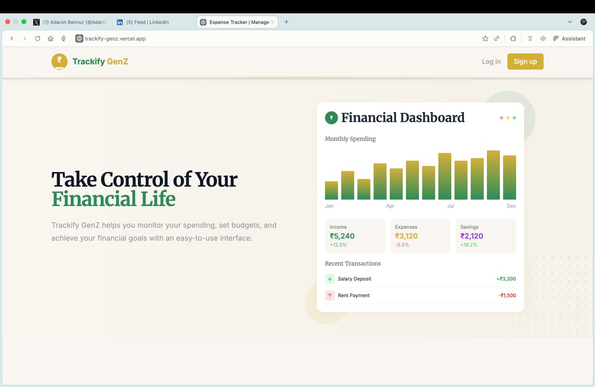 Adarsh_B7's tweet image. Try it: trackify-genz.vercel.app

Why I built a finance app as a 21-year-old CS student?

1. Traditional finance apps are built by people who never had to choose between groceries and Netflix

2. Gen Z needs budgeting tools that understand our reality - gig economy, student loans,…