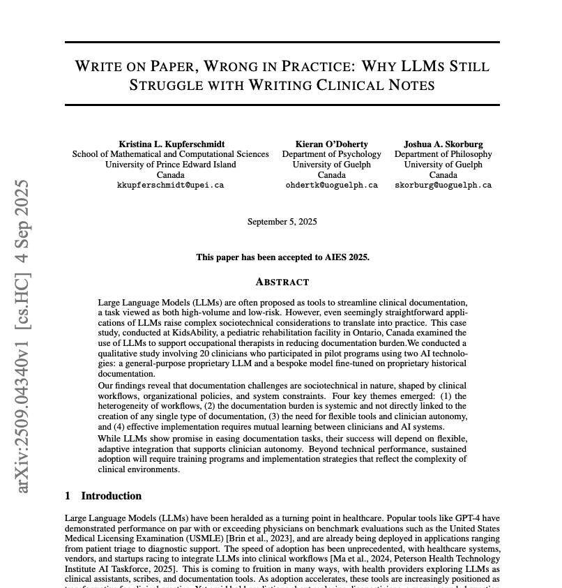 Lovely new paper on a (mostly) failed attempt to have LLMs help doctors write their clinical notes. It was assumed to be an obvious quick win, but turned out to be more complicated because (long story short) humans have complex social + behaviour realities.

- the actual