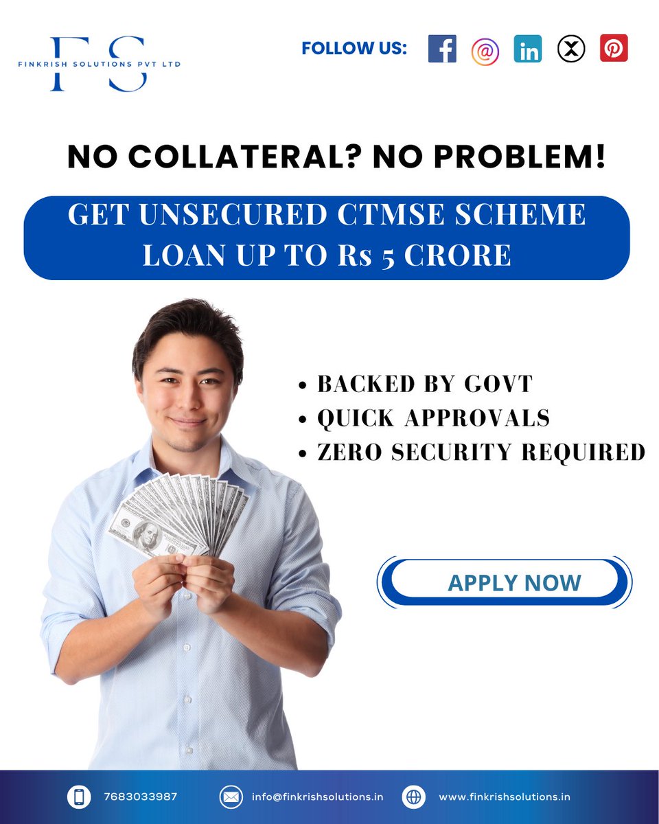 finkrishsol's tweet image. 🚀 No Collateral? No Problem!
Get up to ₹5 Crore with the CGTMSE Scheme – fully unsecured and government-backed!

.
.
.
#CGTMSELoan #UnsecuredBusinessLoan #finkrishsolutions #NoCollateralLoan #GrowWithConfidence #MSMEFinance