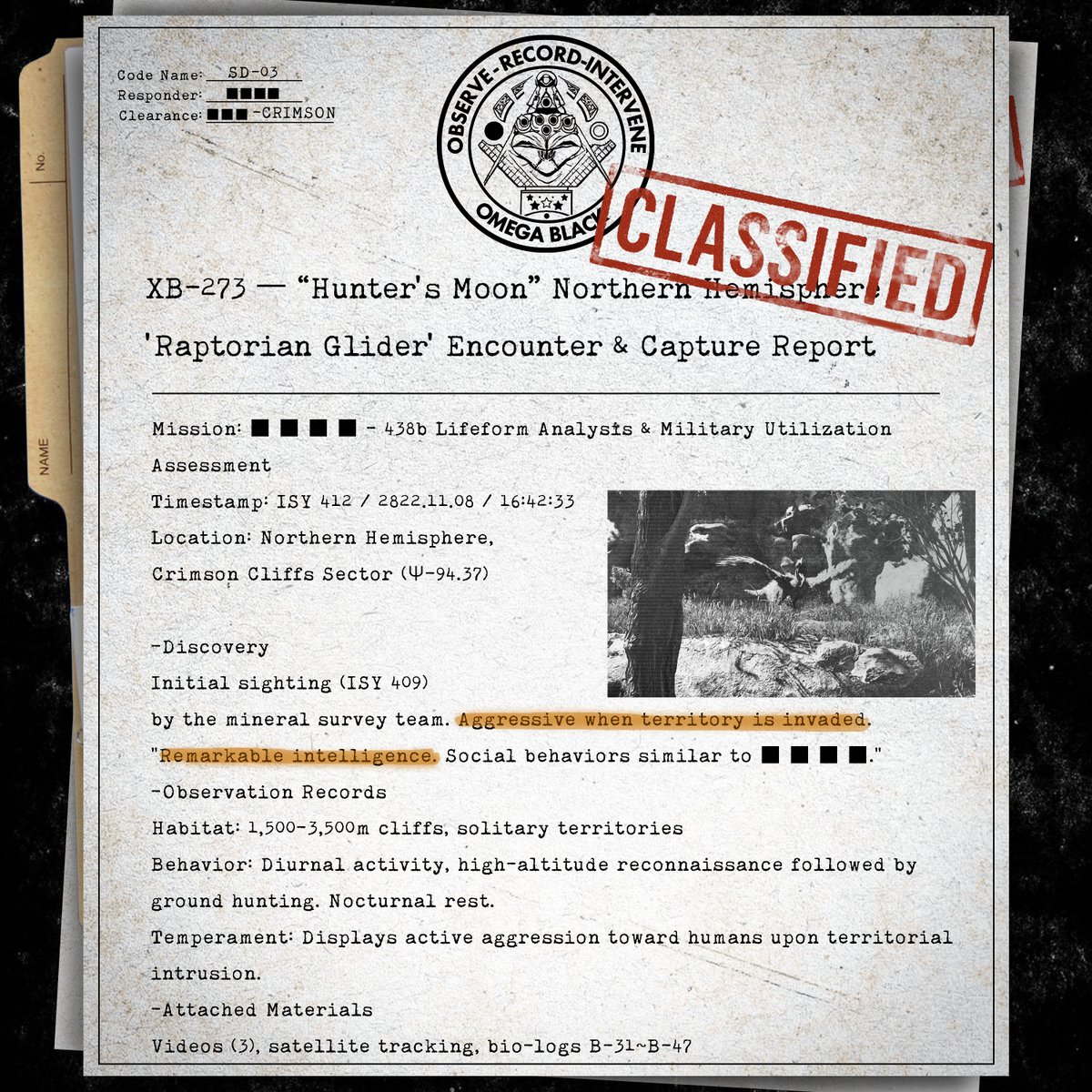 CLEARANCE ▇ ▇ ▇ ▇  CRIMSON | 
ECOLOGICAL REPORT — XB-273 “Raptorian Glider"

#lastnova  #extractiongame #classifiedinformation  #topsecret  #scifi  #steam #GameDev #action #game #Extractionaction #steam #epicgames #pcgamer #Survival #weapon #followfriday #screenshot #monster