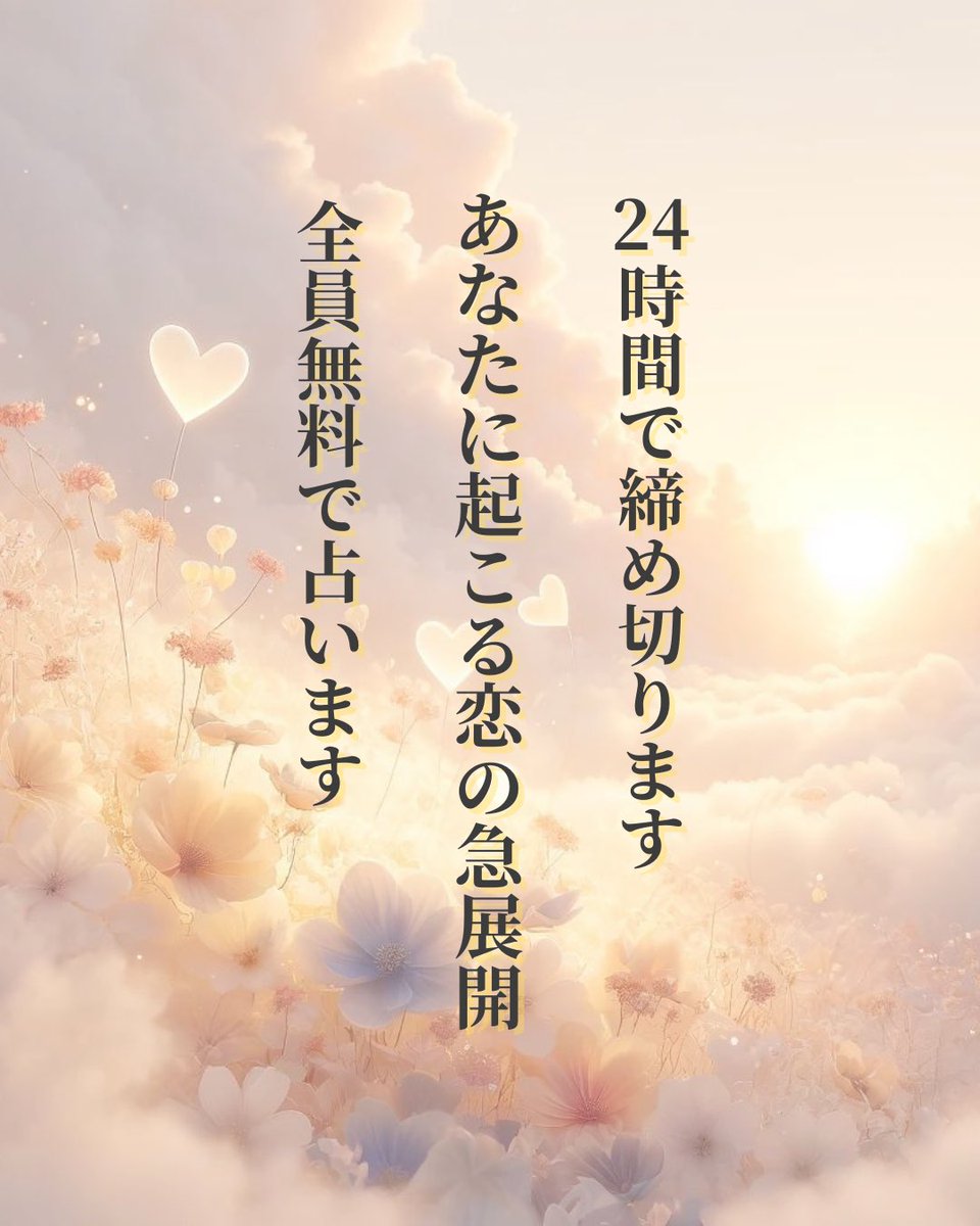 24時間で完全に締め切ります！

⛩️《引き寄せ本音鑑定》⛩️
9月11日(木)21時〜販売開始
【10部限定】

こちらの販売を記念して
アンケート結果で1番多かった
『あなたに起こる恋の急展開』
こちらを全員無料で占います✨

▪️応募条件
①いとをのアカウントをフォロー
②この投稿を【いいね＋RT】