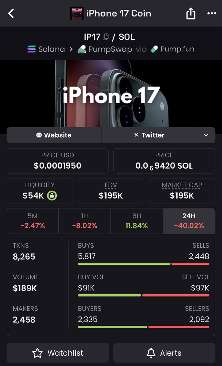 GM 😎

$IP17  

The new iPhone will be released on September 9th. 

The only coin on Solana connected to this narrative. Big pump incoming.

2FTpbbXoKP67xX6Er9KMuBPUAEaZva9H65RDus36pump

dexscreener.com/solana/28Bw7sb…