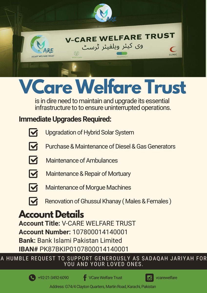 Appeal for Donations!

Please support VCare Welfare Trust Karachi, an organisation dedicated to serving humanity through its mortuary, medical clinic, pharmacy, ambulance service, and monthly ration support for needy families.

Your generous contributions are urgently needed to