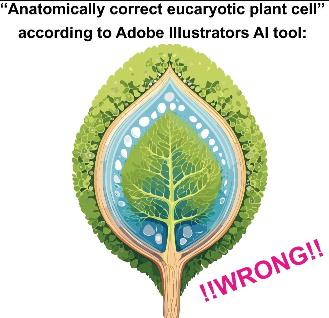 Want to know what an anatomically correct, eucaryotic plant cell looks like?

Maybe  just maaayyybe dont trust an AI tool with its answer.

This illustration is utter bullshit.

Better use a basic biology textbok, you will learn more from it than this tree-leaf-blob-mess here ;)