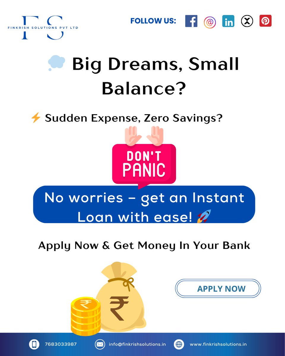 finkrishsol's tweet image. 💭 Big Dreams, but a Small Bank Balance?
💸 Sudden Expenses, Zero Savings?
😰 Don’t worry!

✨ Get the right Instant Loan with us — quick, simple, and stress-free. 🚀💼
.
.
.
#LoanConsultant #InstantLoanApproval #finkrishsolutions  #FinancialSupport #BusinessLoan #HomeLoan