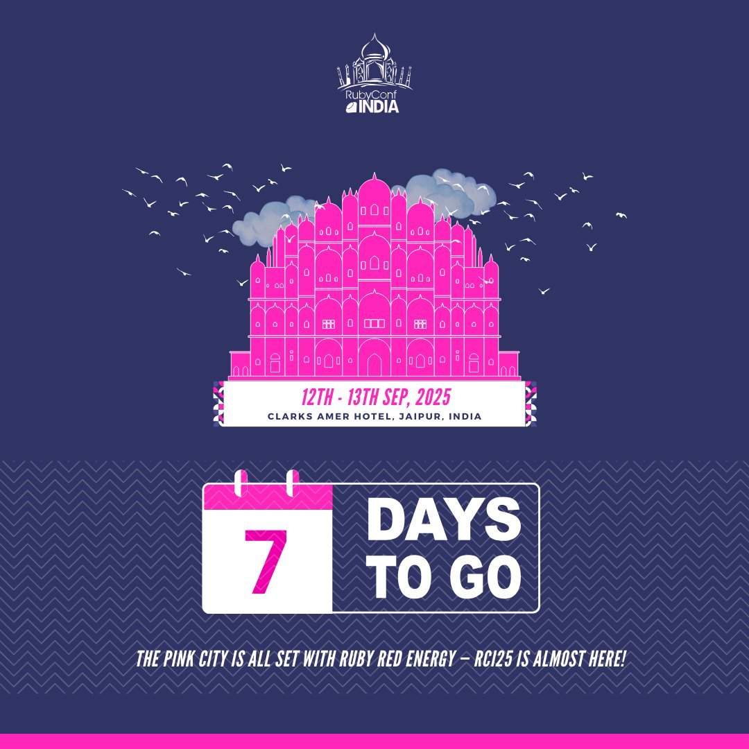 rubyconfindia's tweet image. Counting down 7 days to the much-awaited RubyConf India 2025!

Don&apos;t miss out on this incredible opportunity to immerse yourself in the world of Ruby programming. 

Grab your tickets now! 
Register here: shorturl.at/eOhB0

#rubyconfindia2025 #ror #rubyconf #ruby #rci25