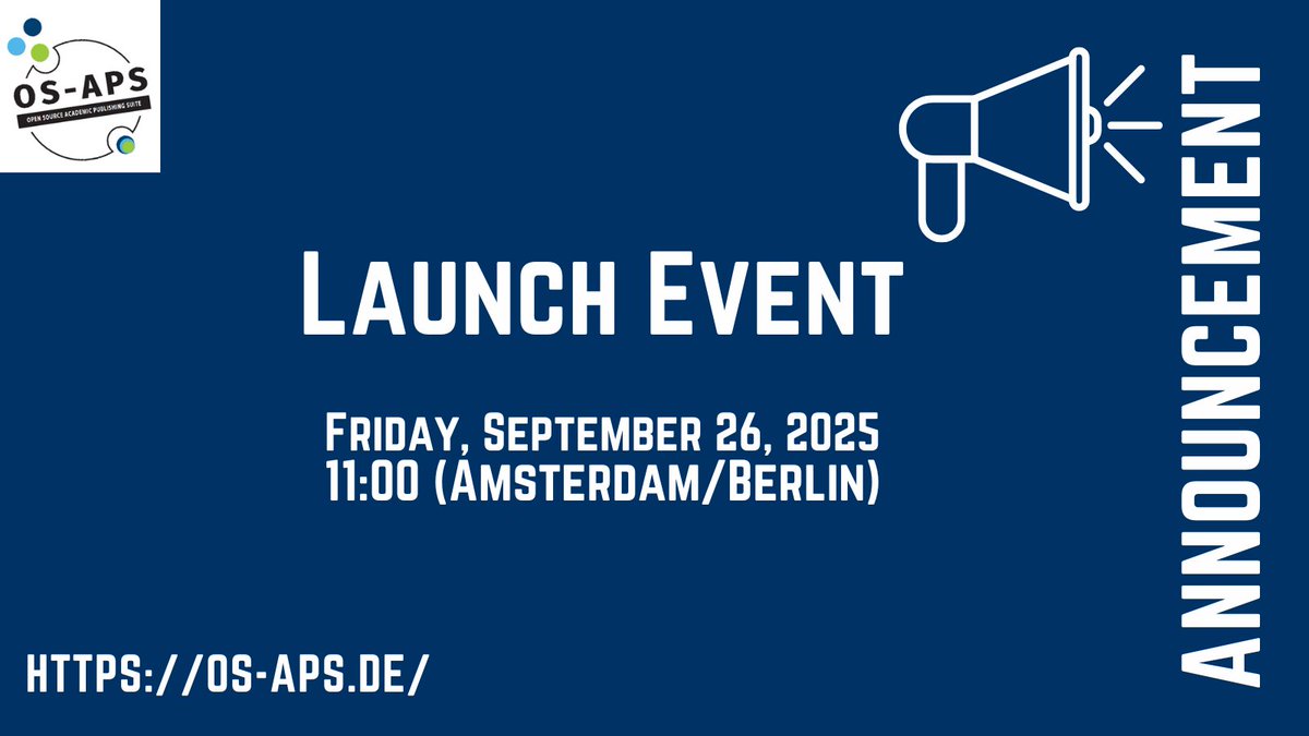 Save the Date: 26.09.2025 | 11:00 Uhr
Digitales Launch-Event von OS-APS! 🎉

Wir zeigen die Highlights und Ergebnisse unseres Projekts 👀✨

👉 Hier geht’s direkt zum Event: os-aps.de/participate/#C… 

#opensource #OA