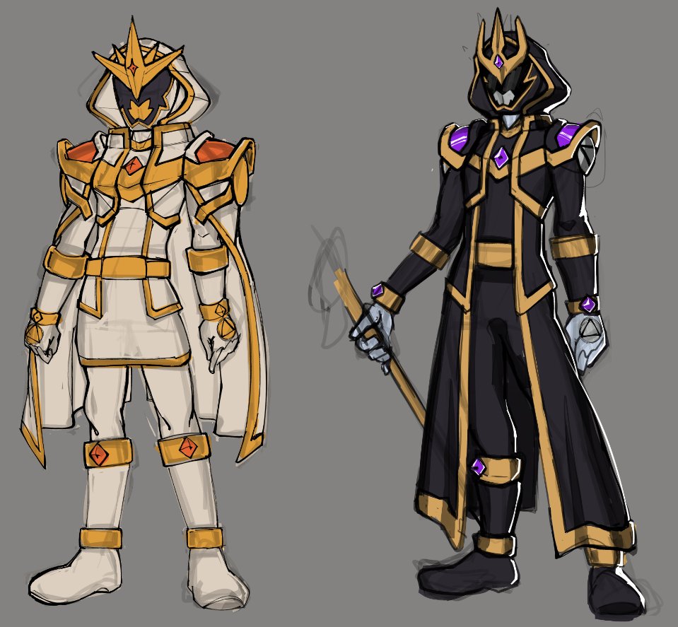 With the rumors of the next sentai going around, I thought this could be a good time to post this;
Here's some sketches of a new Original Sentai, based on summoners. The Genjuu Sentai Shoukkangers !

Still sketching the more toy-side of things, including the mechs