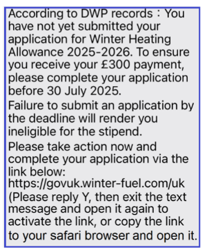 ParkheadHA's tweet photo. 🚨 Scam texts about winter fuel heating payments 🚨

Please be vigilant regarding scam SMS messages regarding Winter Fuel Payments. In Scotland the payment is handled by Social Security Scotland, and, for the vast majority, it is automatic. https://t.co/avLcKBevxK
