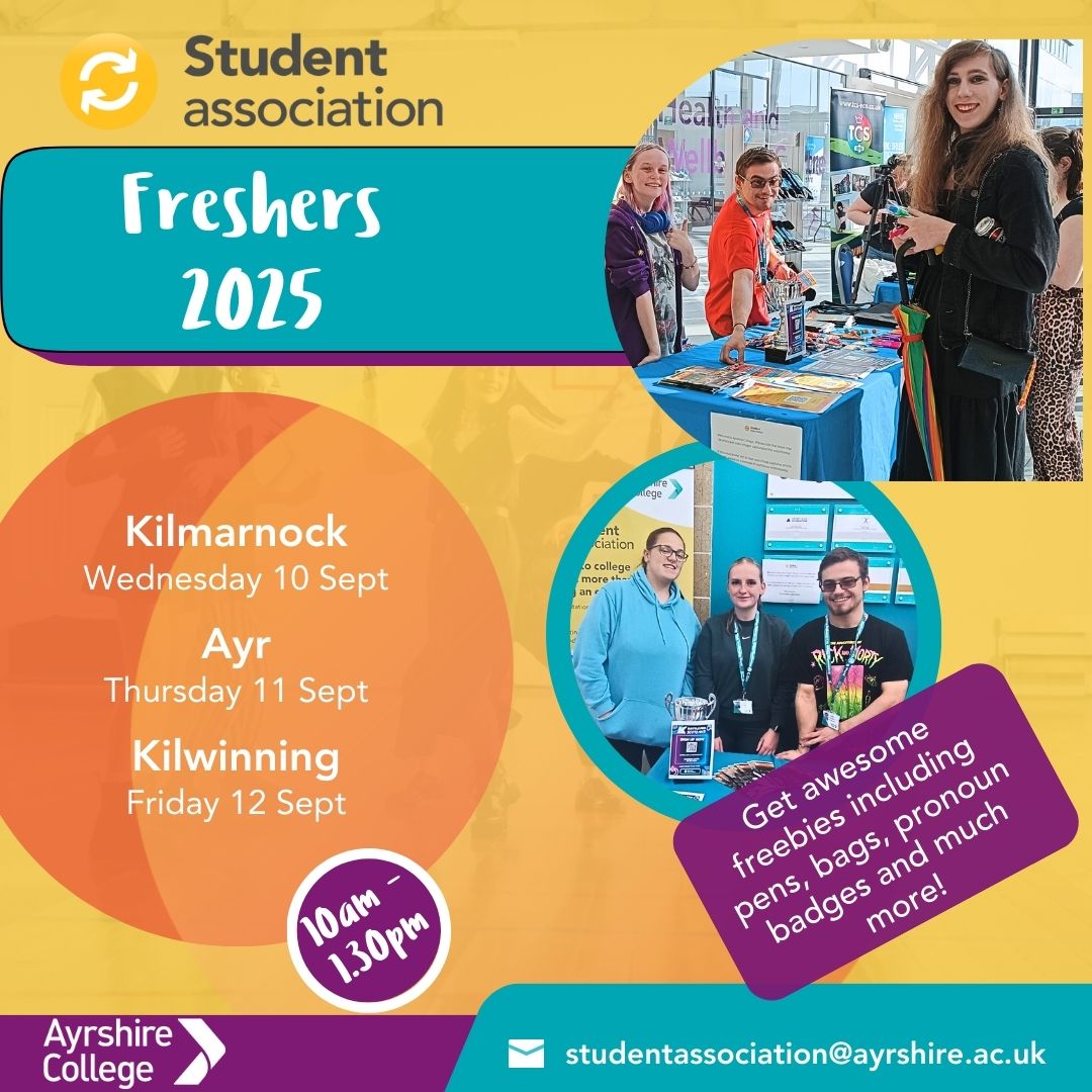 📢 We're getting excited for this years Freshers events!

Join us next week on campus, and get some fun freebies, pick up resources and get advice.

Come to Freshers and get everything you need to get started at Ayrshire College!

#weareayrshirecollege #freshers #Students