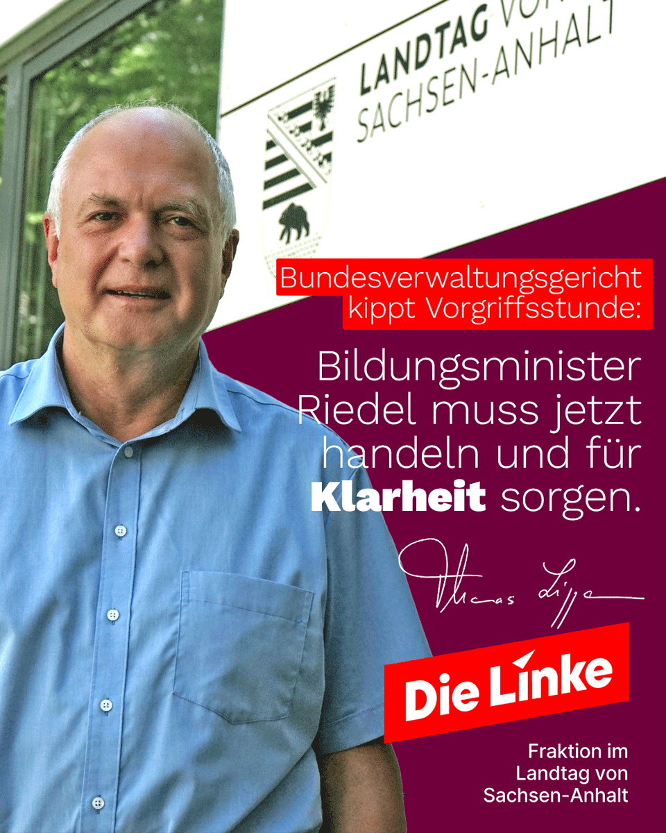 LinksfraktionSt's tweet photo. Bundesverwaltungsgericht kippt #Vorgriffsstunde:
"Die Regelung zur Vorgriffstunde in der Arbeitszeitverordnung der Lehrkräfte muss umgehend gestrichen werden", so Bildungsexperte Thomas Lippmann.
Hier geht's zur Presseerklärung: https://t.co/1We5309vmi
#ltlsa #dielinke #Bildung https://t.co/l1fWk3BvCr