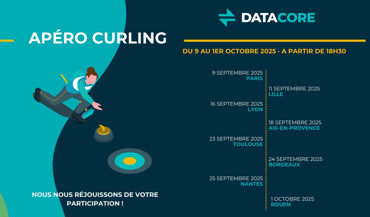 Les Apéros Pétanque vous ont plu ? Alors vous allez adorer nos Apéros Curling ! 🤩

Un nouveau format organisé avec Opentext et NeoVAD, pour échanger autour de vos projets et partager un moment agréable à travers plusieurs villes en France. 🥌

info.datacore.com/partenaire-aft…