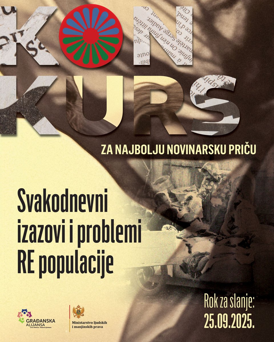 GACrnaGora's tweet photo. Pozivamo novinare/ke da učestvuju na konkursu za najbolju novinarsku priču o promociji kulture, tradicije i jezika Roma i Egipćana u CG

📝Ovim konkursom želimo podstaći kreiranje novinarskih sadržaja koji oslikavaju položaj Roma i Egipćana.

 👇
https://t.co/5oJlCEXzXR https://t.co/W55GpcILxE