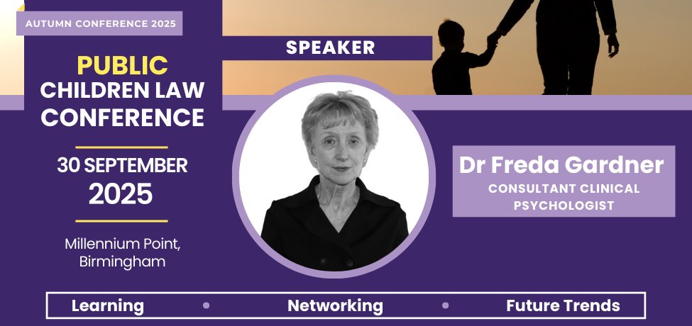We’re delighted that Dr Freda Gardner, Consultant Clinical Psychologist, will be speaking at our Public Children Law Conference in Birmingham.

Her talk will cover FII by proxy cases, drawing on 30+ years experience working with children, families &amp; the family courts.

#FamilyLaw