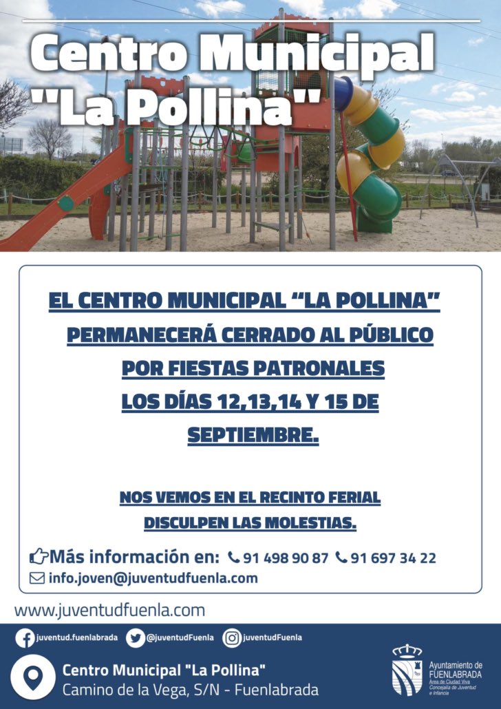ElFuenli's tweet photo. 📢 Aviso importante
El Centro Municipal “La Pollina” permanecerá cerrado al público con motivo de las Fiestas Patronales los días 12, 13, 14 y 15 de septiembre de 2025. https://t.co/FaGCzmlg7w