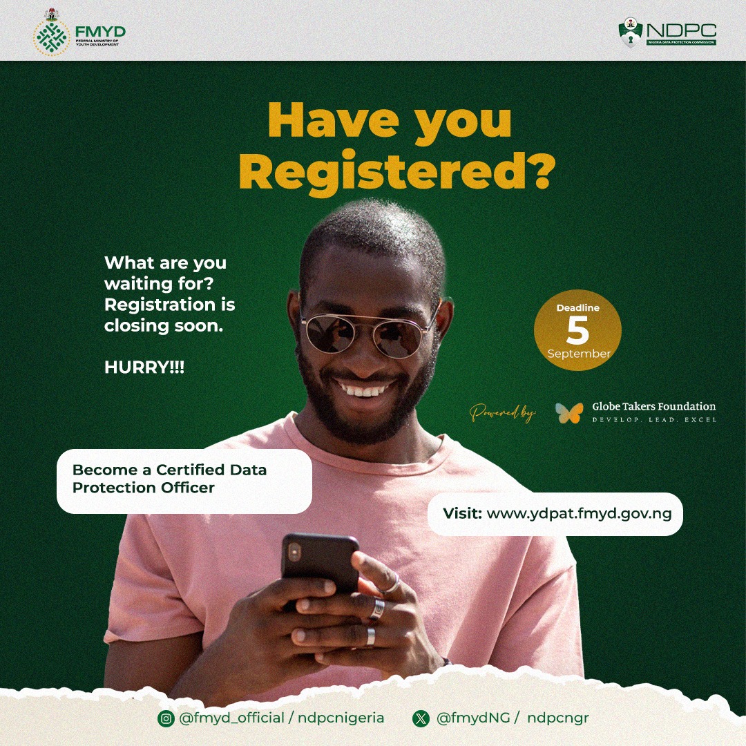 Are you ready to join the wave?
Looking to build a future in data protection and cybersecurity?

The Federal Ministry of Youth Development, in collaboration with the Nigeria Data Protection Commission (NDPC) and Globe Takers, is launching the pilot phase of the Youth Data Privacy