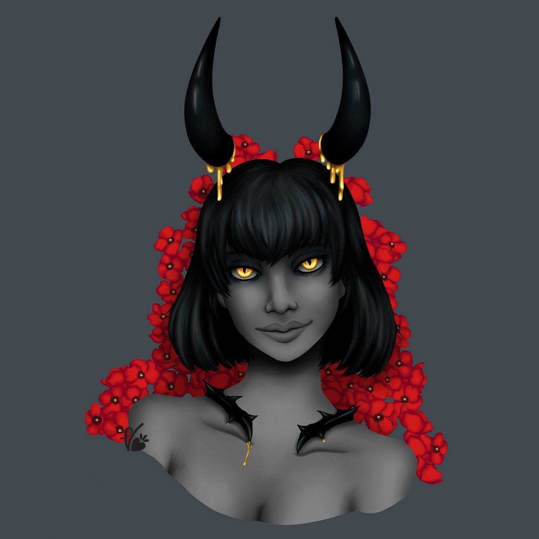 Her poppies dreams - First time doing lineless coloring and greyscale. At first I wanted to color her but I like the ashy tone of the skin in constrast with red and gold. #demongirl #devilgirl #demon #girlswithhorns #redflowers #poppyflower #fantasy #digitalart #illustration