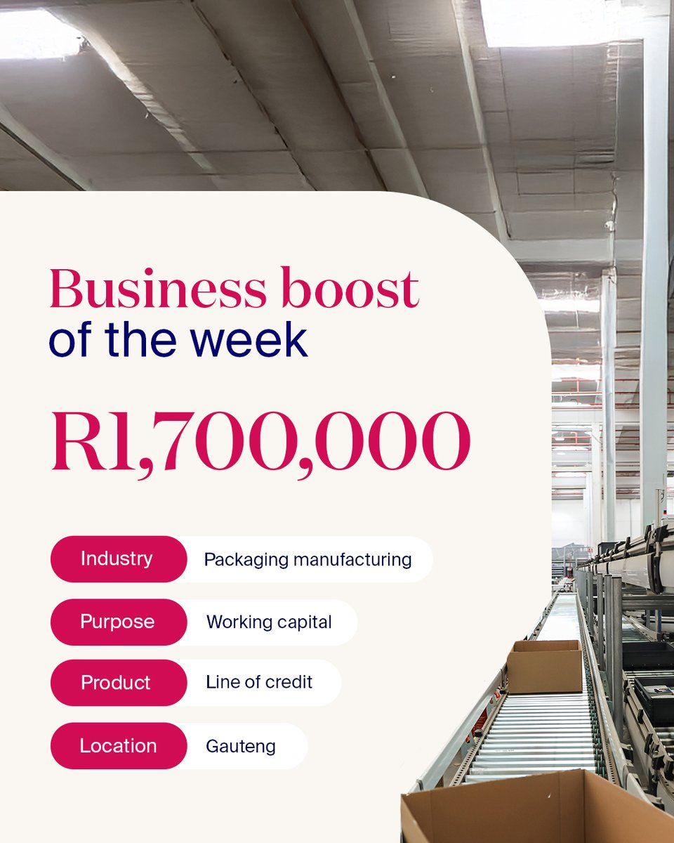 🚀 Business boost of the week 🚀

💰 Amount: R1,700,000
🏛️ Sector: Packaging manufacturer
💼 Purpose: To use as an overdraft replacement for working capital needs

Powering packaging manufacturers with reliable cash flow: bridgement.com