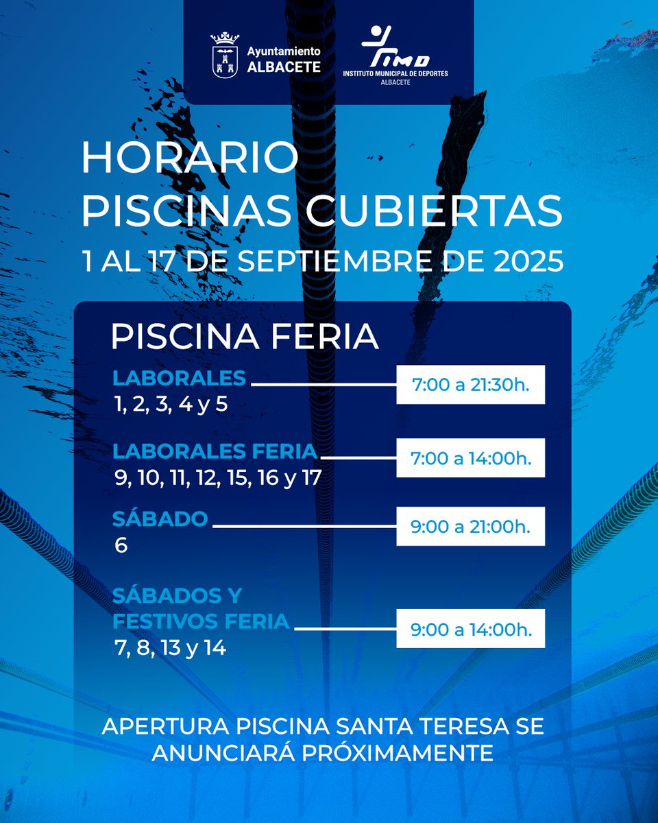 ⌚️HORARIO PISCINAS CUBIERTAS🏊‍♂️ 

📅 Del 1 al 17 de septiembre 🎡
 
📍Piscina Feria

🔜 Próximamente se anunciará la apertura del resto de piscinas.