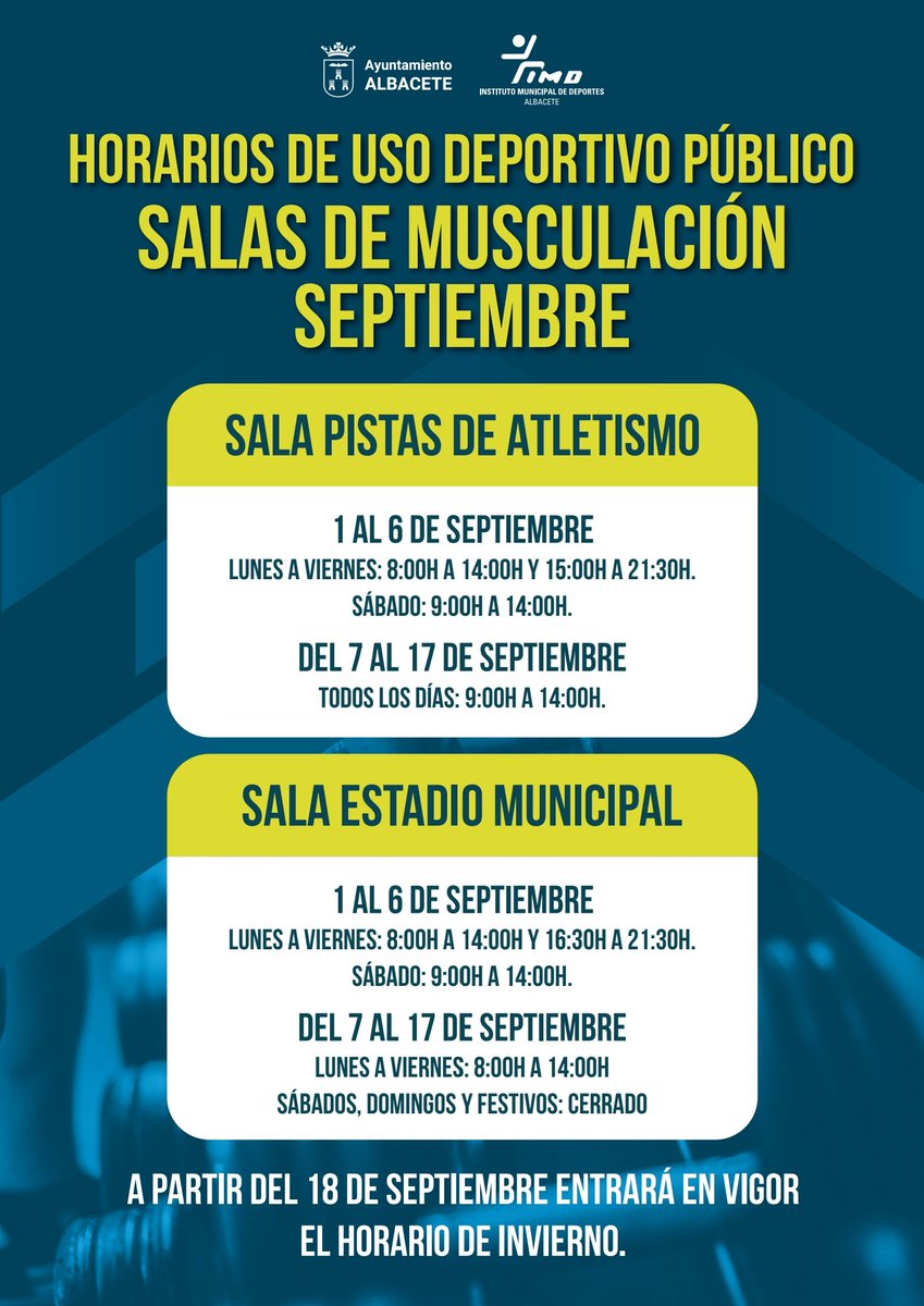 ⌚️HORARIOS SEPTIEMBRE SALAS DE MUSCULACIÓN 🏋‍♂️

🚨A partir del lunes, 1 de septiembre y durante la celebración de la Feria de Albacete del 7 al 17 de septiembre, las salas de musculación de las Pistas de Atletismo y Estadio Municipal tendrán horario especial.