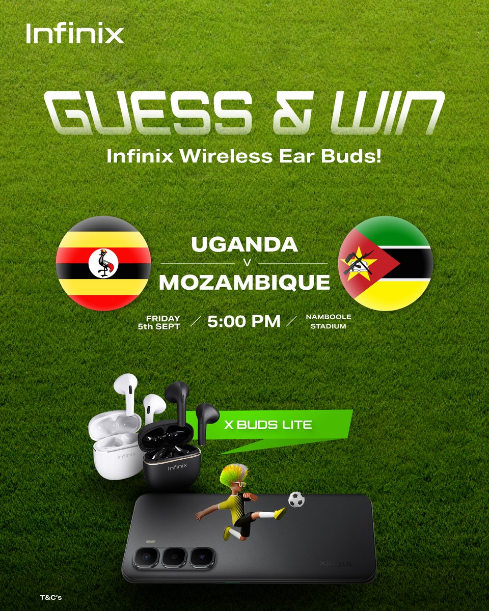 infinixuganda's tweet image. Uganda 🇺🇬 vs Mozambique 🇲🇿Guess &amp;amp; Win! Game kicks off today at 5PM!  Here’s how to participate:
1️⃣ Follow @infinixUganda
2️⃣ Comment your score prediction on the official match post
3️⃣ Tag 2 friends
4️⃣ Use #infinixpredictandwin