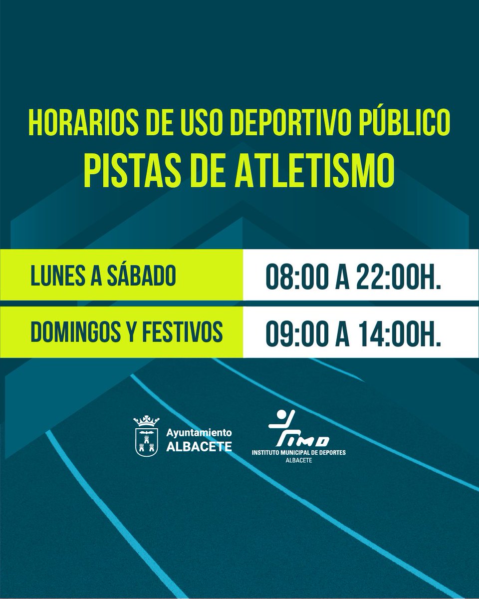 🚨A partir del próximo lunes, 1 de septiembre entrará en vigor el nuevo horario de las Pistas de Atletismo 🏃‍♀️

👉Lunes a sábado: de 8:00h a 22:00h
👉Domingos y festivos: de 9:00h a 14:00h