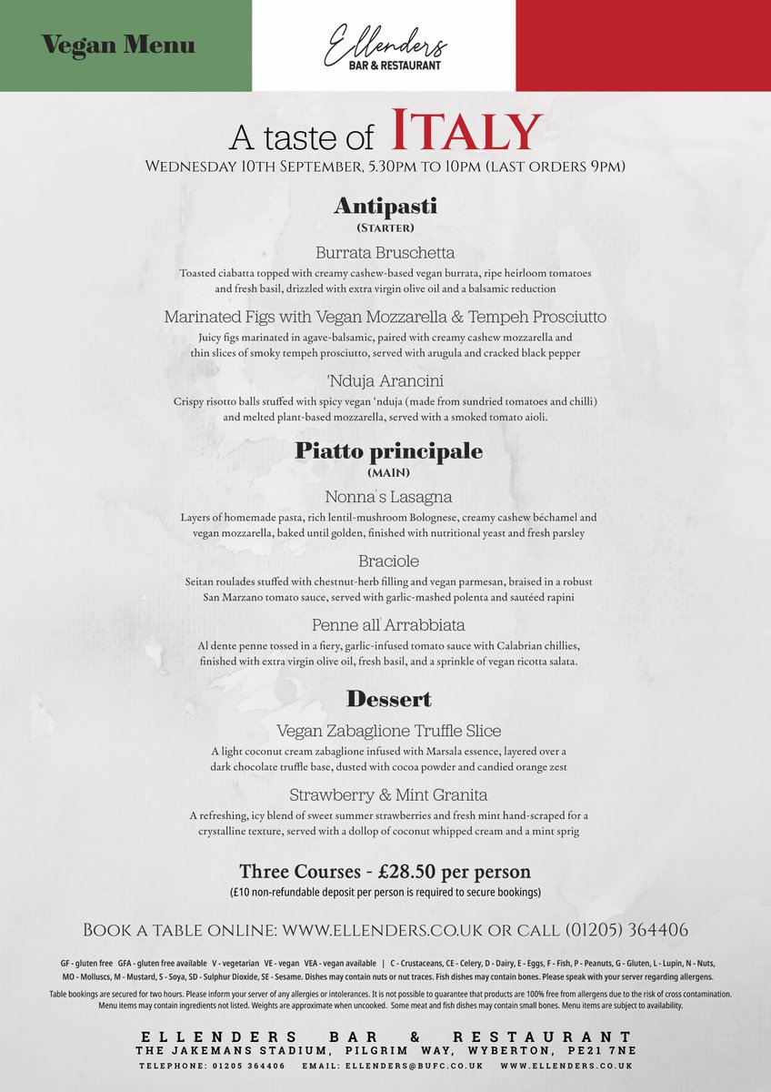 Join us for a 🇮🇹 Taste of Italy 🇮🇹 on Wednesday 10th September. Enjoy three delicious courses for £28.50 per person, with table reservations available from 5.30pm to 9pm.

Book online at ellenders.co.uk or call (01205) 364406. £10 non-refundable deposit p/person.