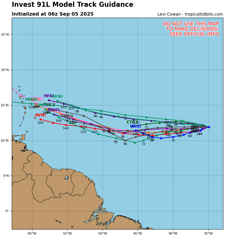 Position de la perturbation #91L à 6h TU: 11.9N 34.9W soit 1278 km à l'WSW du Cap Vert, vents maxi 37 km/h, déplacement vers le NW ou 304° à 6 km/h, pression mini 1011 mb

Image de prévisions de trajectoire à 6h TU -via <a href="/TropicalTidbits/">Dr. Levi Cowan</a>