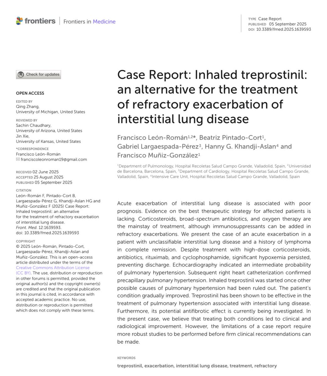 La agudización de EPID se asocia a una importante morbimortalidad.
En nuestro reporte de caso describimos un posible efecto positivo de Treprostinil inhalado añadido al tratamiento convencional. 
frontiersin.org/articles/10.33…