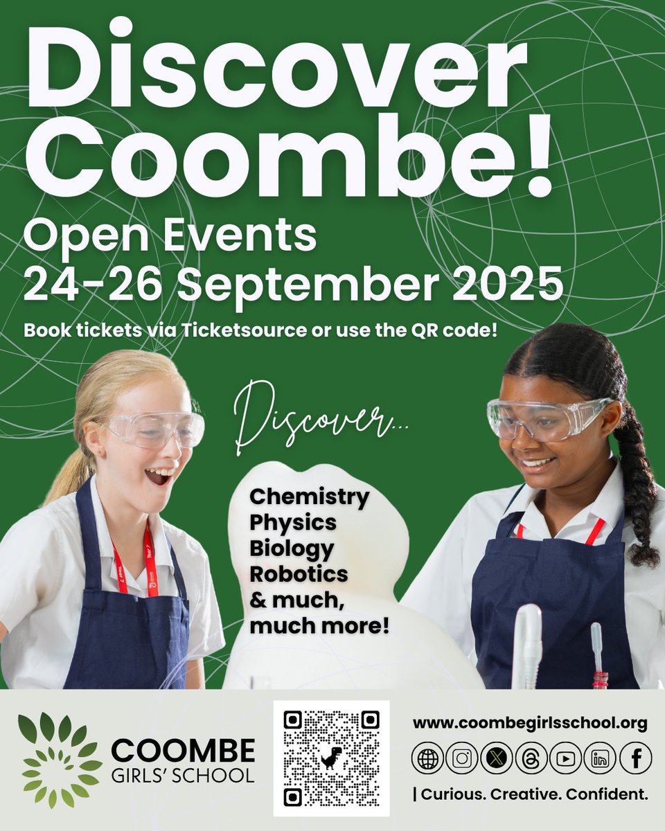 Tickets for our September events are available to book! Open Events take place on Wednesday 24th (5.30pm, 6.15pm, 7.15pm) and Thursday 25th &amp; Friday 26th (9.00am and 10.00am).

More info: bit.ly/3TMo9vl 

#DiscoverCoombe #DiscoverCGS