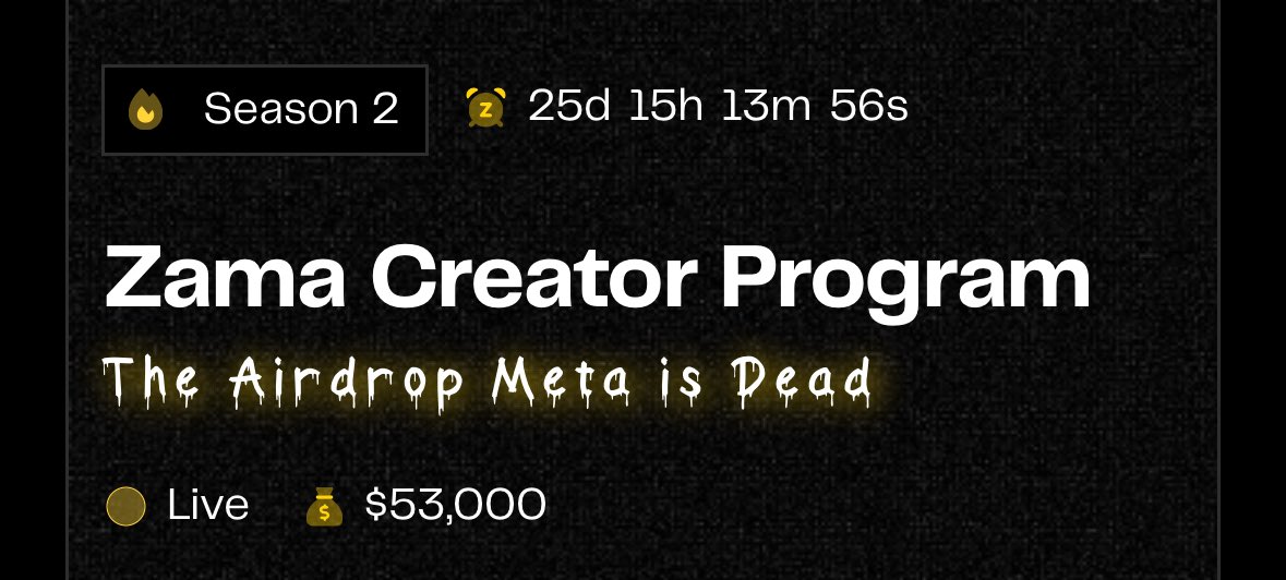 Defi_Scribbler's tweet photo. how to earn $250 – $1,900 in the next 25 days (even with <1K followers)

zama season 2 creator program is live, and it only lasts 25 days (ends Oct 30).

prize pool: $53,000
- $50K split fairly among the top 100 creators
- $3K split among 6 choice creators (3 on X + 3 on farcaster)  $500 each + @zama_fhe og nft
- ranks 101–250 get a zama og nft

if you think you don’t stand a chance, check szn 1 winners (link in comments), you’ll see lots of accounts with under 1K followers who still got paid.

why this is easier?
this program isn’t on kaito - way less competitive.

how to Join:
1. join the guild: https://guild[.]xyz/zama/creator-program
2. join the discord: https://discord[.]gg/zama - (remove the [ ] in the url)
3. claim the creator program access role

once your in, start posting zama content daily (use szn 1 posts as inspiration).

to land in the top 100, all you need to do is show up & create consistently for 25 days.

rewards are claimable at TGE - in either $Zama tokens or stablecoins.

that’s all for now, I’ll share more Zama insights in upcoming posts.