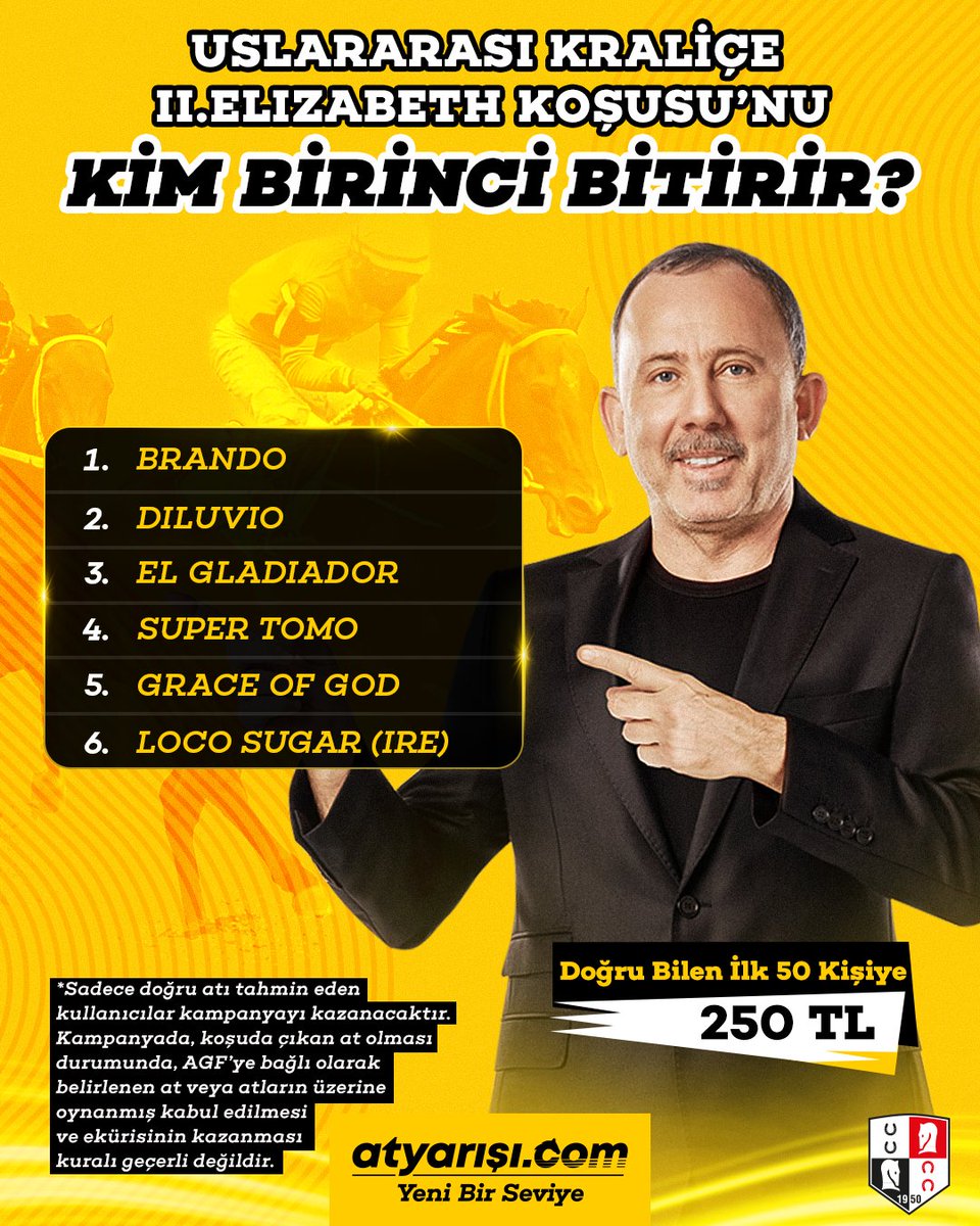 ÖDÜL ZAMANI! 🍀
 
Uluslararası Kraliçe II.Elizabeth Koşusu'nu birinci bitiren atı bilen ilk 50 kişiden biri ol, 250 TL değerinde atyarışı.com puanı kazan!
 
KATILIM ŞARTLARI 🔎
💥Bu hesabı takip etmek
💥Bu paylaşımı yeniden göndermek (Repost)
💥Tahmininizi,