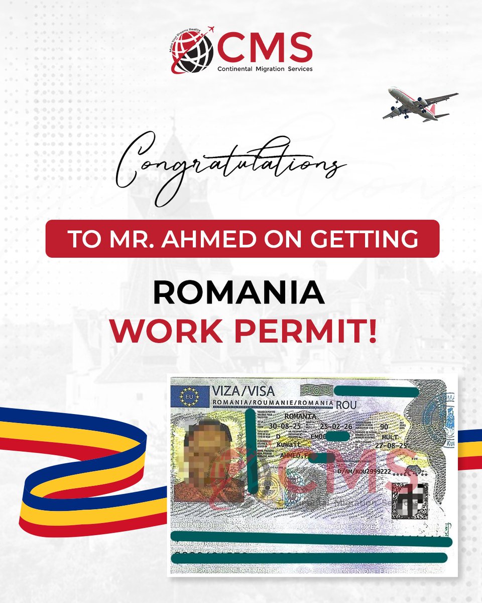 Cms_uae's tweet photo. 🎊 𝐒𝐮𝐜𝐜𝐞𝐬𝐬 𝐒𝐭𝐨𝐫𝐢𝐞𝐬 𝐓𝐡𝐚𝐭 𝐈𝐧𝐬𝐩𝐢𝐫𝐞 🎊

We’re excited to celebrate Mr. Ahmed’s success in obtaining his Romania Work Permit. 🌍✈️

A new chapter begins, and we’re proud to be part of your journey toward international opportunities. 🙌
#CMS #ClientSuccess https://t.co/tuREUh9Uux
