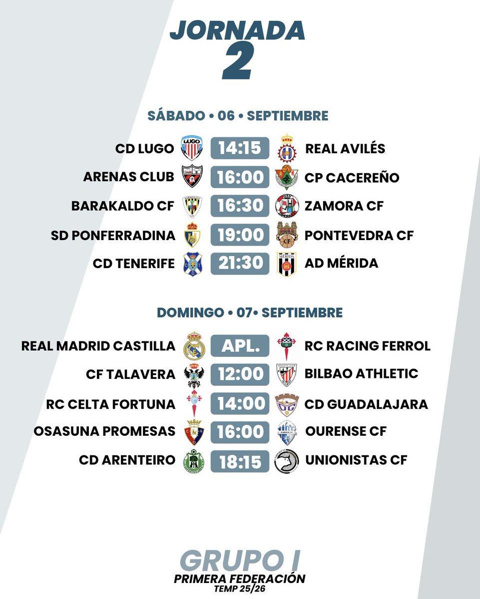 Jornada 2
Grupo I
#PrimeraFederacion

El aplazamiento del RM Castilla : Racing Ferrol se ha llevado muchos focos pero vamos al fútbol.

PARTIDAZOS en el segundo round de la temporada.

Cuál no os vais a perder?