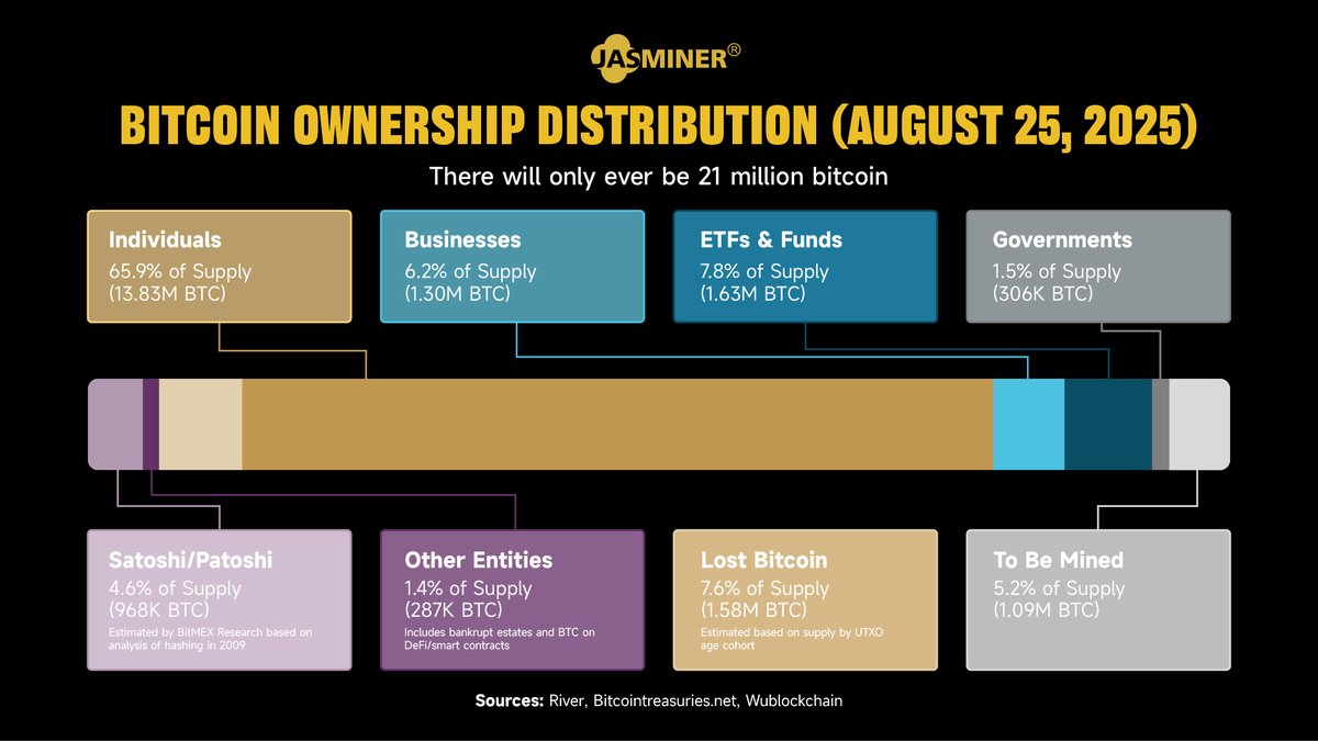 🧐#Bitcoin Ownership Distribution 🔹Business: 6.2% of total supply (~1.3M  BTC) 🔹Individual: 65.9%, still the largest holder group 🔹Unmined: 5.2%  (~1.09M BTC) 🔹Permanently lost: ~1.58M, or 7.6% of total supply 📊  Sources: River | Bitcointreasuries ...
