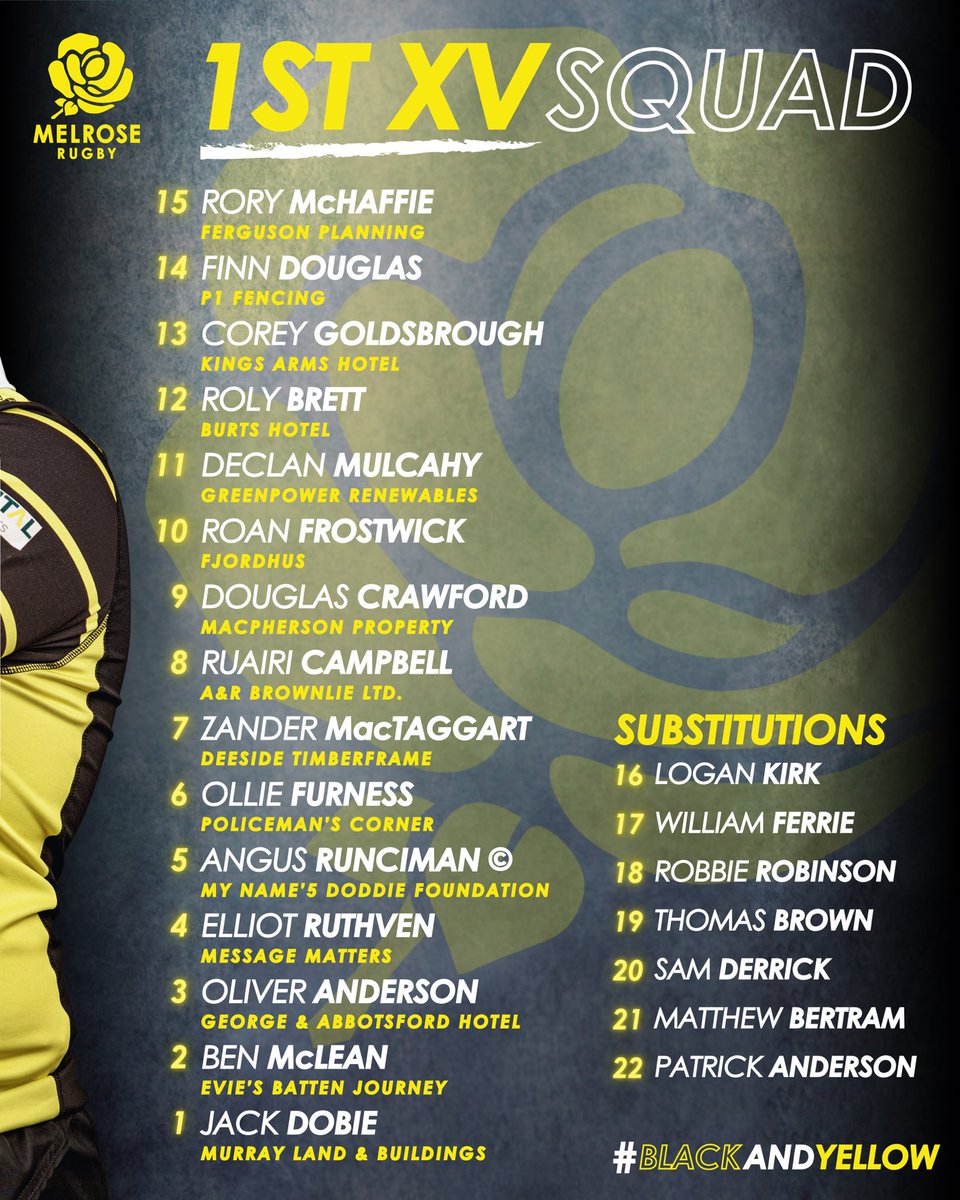 MelroseRugby's tweet photo. ＳＱＵＡＤ | 1st XV vs Ayr RFC 👊

The 1st XV squad to play @ayrrfc tomorrow at the Greenyards! 

PLEASE NOTE THE STORM GAME HAS BEEN CANCELLED 😢

As always, thank you to our jersey sponsors and player supporters! 

#blackandyellow🐝 https://t.co/EEQY53TZwz