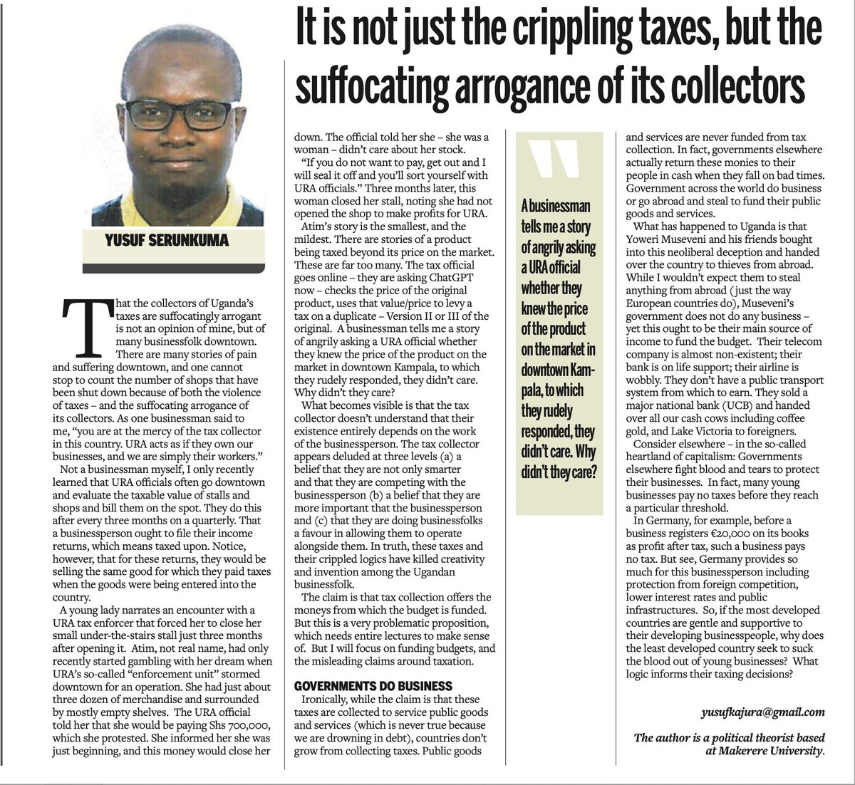 Yusuf Serunkuma🌹 (@yusufserunkuma) on Twitter photo "You are at the mercy of the tax collectors in this country. URA acts as if they own our businesses & are we are simply their workers"
I visited downtown Kampala: the pain is out of this world. But they trudge on – resiliently.
In <a href="/observerug/">The Observer</a> this week. "You are at the mercy of the tax collectors in this country. URA acts as if they own our businesses & are we are simply their workers"
I visited downtown Kampala: the pain is out of this world. But they trudge on – resiliently.
In <a href="/observerug/">The Observer</a> this week.
