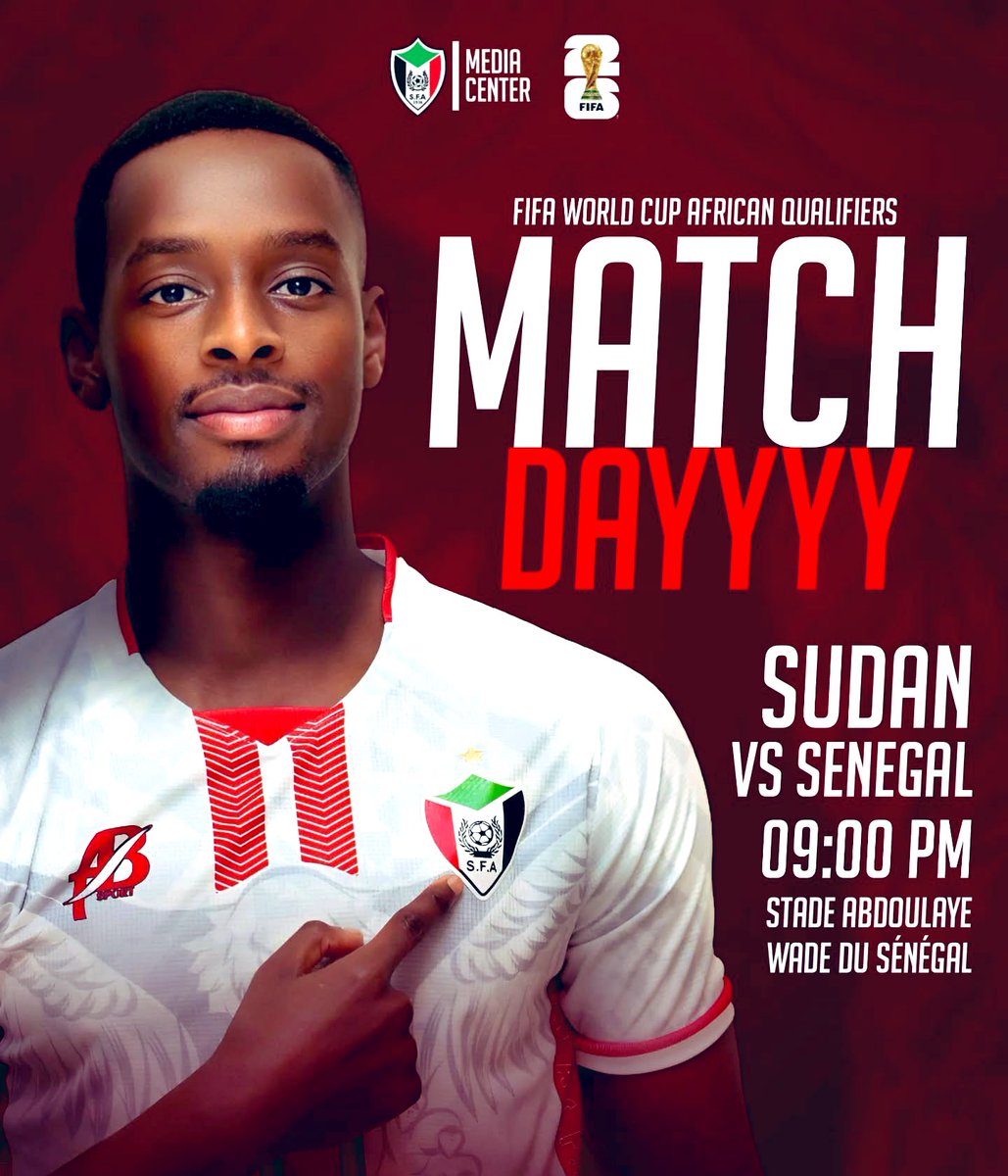 🇸🇩🦅 صقور الجديان في الموعد.. ومافي خوف
اليوم يومنا 🔥، السودان ح يقاتل عشان يكتب التاريخ ✨

⚽ | السودان 🆚️ السنغال 🔥
🥅 | الجولة السابعة
📆 | الجمعـــــــة 5 سبتمبر 2025
⏱️ | 09:00 مساءً بتوقيت السودان
🏟 | ملعب عبدالله واد – ديامنيديو
🏆 | تصفيات كأس العالم 2026

الجمهور