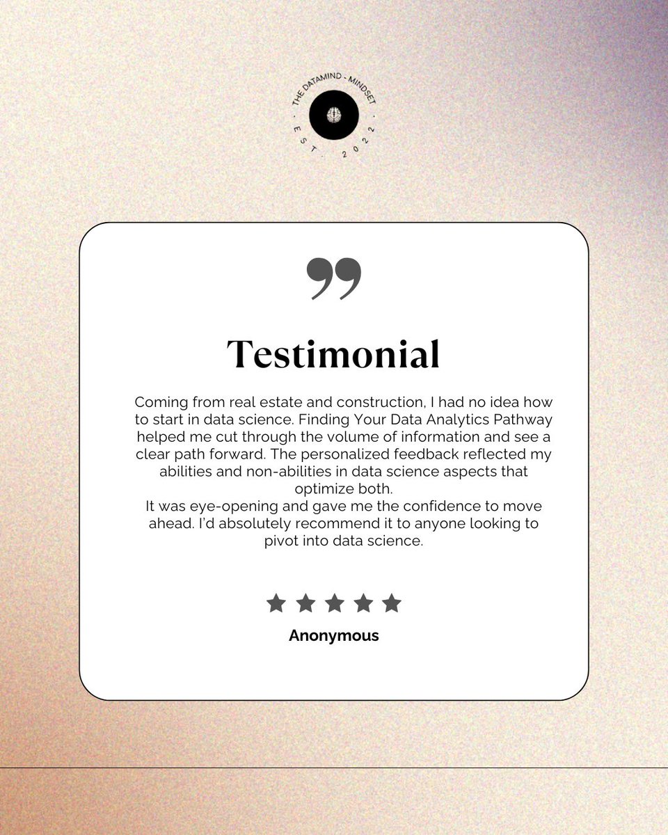 Thedata_mindset's tweet image. From real estate to data science!
 &quot;This course gave me a clear path, personalized feedback &amp;amp; the confidence to pivot.&quot; – Anonymous

Date: 28 Sept 2025
Register Now: bit.ly/datacohort6

Seats are limited, pivot with confidence!

#DataAnalytics #Upskill #DecodeYourFuture