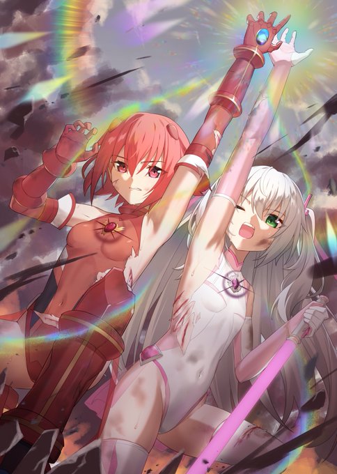 skebで依頼した
うちの子達の変身ヒロインイラストが納品されました  

「ブレイブハート・アカネ&amp;イノセントハート・ルルナ お互い最後の力を振り絞り合体必殺技発動!」 

※次リプで絵師様紹介です 