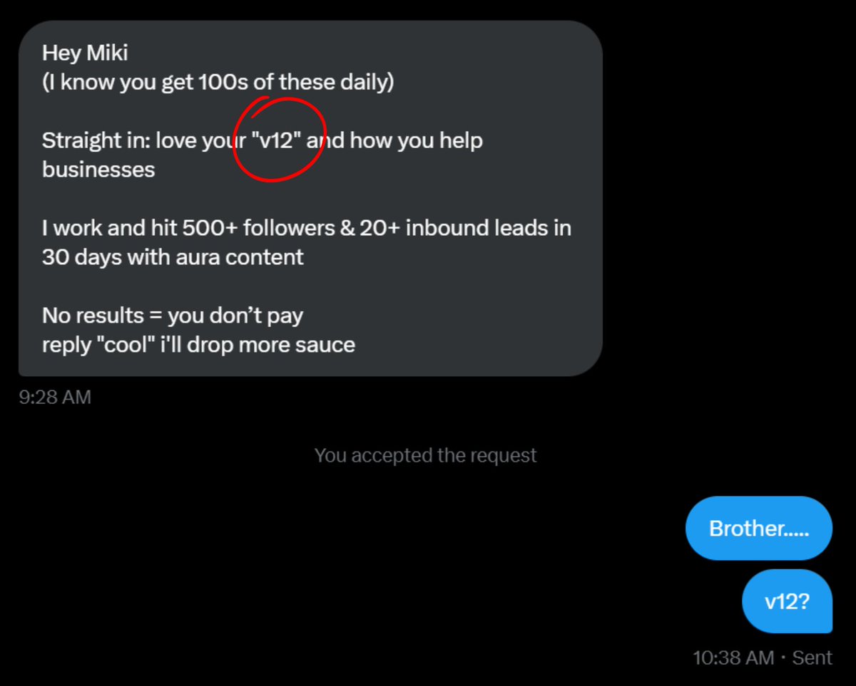 Top Tip: Make sure you outreach with the correct company name.

We're officially rebranding from "v21" → "v12" 😂

Here is how I'd 10x this message ↓

01 - Separate each line, its looks more organic and less as a copy paste.

02 - I do get 100s of these daily, that adds nothing
