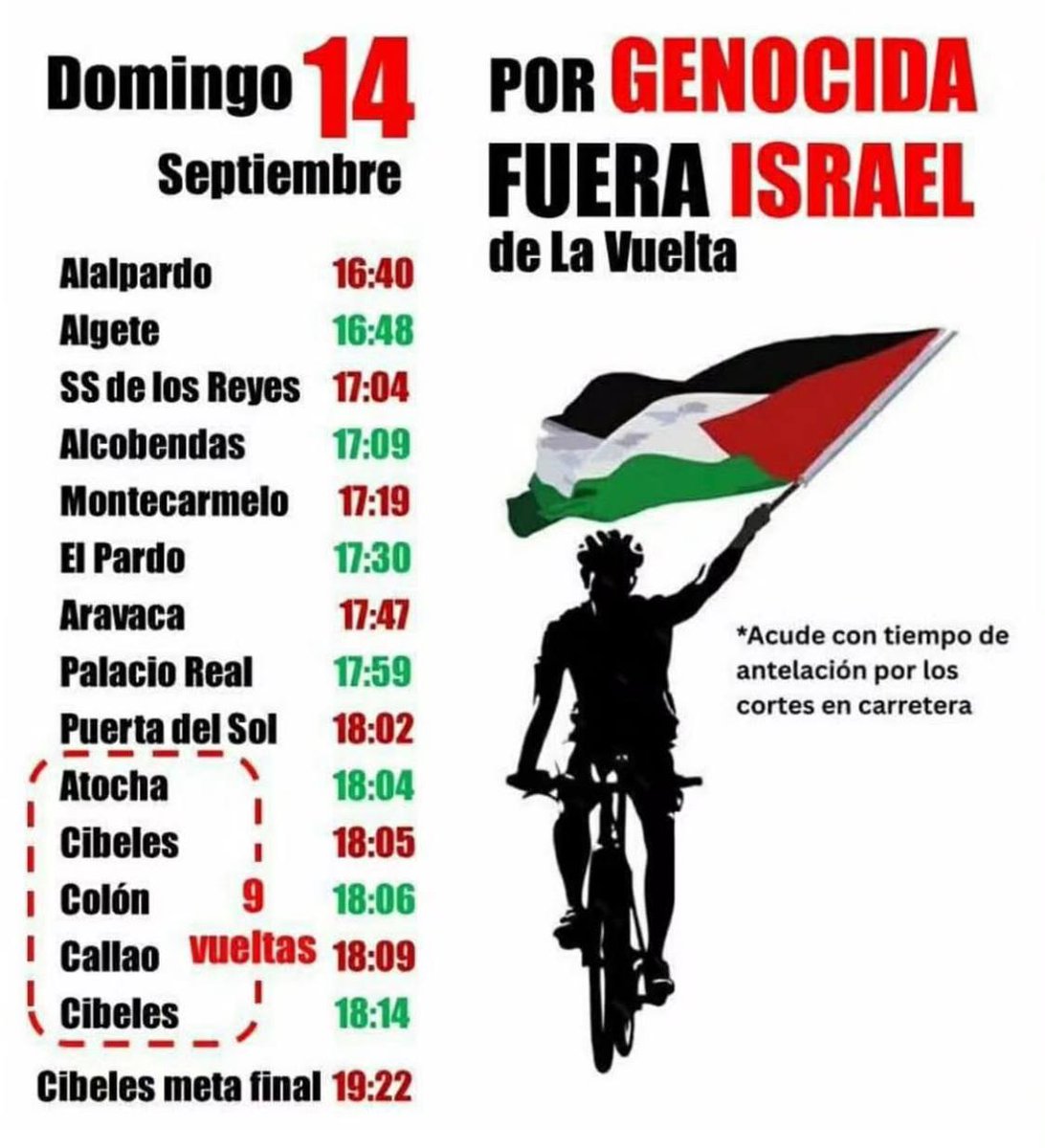 AntirrepreMad's tweet image. 🚴La vuelta ciclista está siendo uno de los eventos donde se permite la participación de un estado genocida.

🔥Desde el Movimiento Antirrepresivo de Madrid, queremos apoyar toda convocatoria que le plante cara a Israel y apoye al pueblo palestino.

🇵🇸¡Viva Palestina libre!